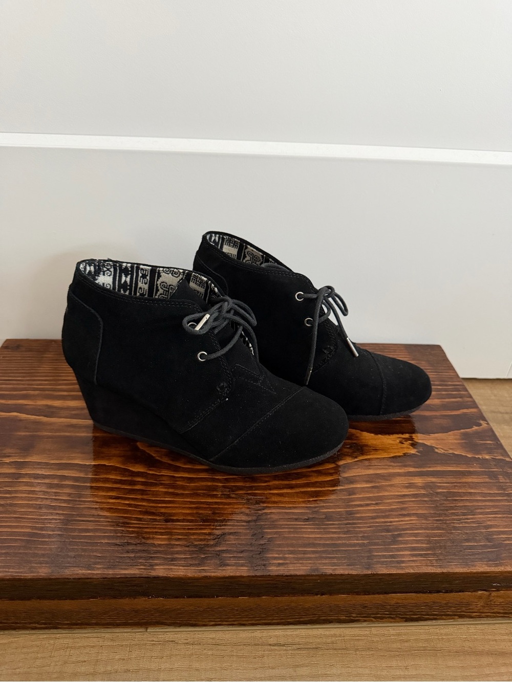 Toms Black Suede Lace-Up Wedge Ankle Boots